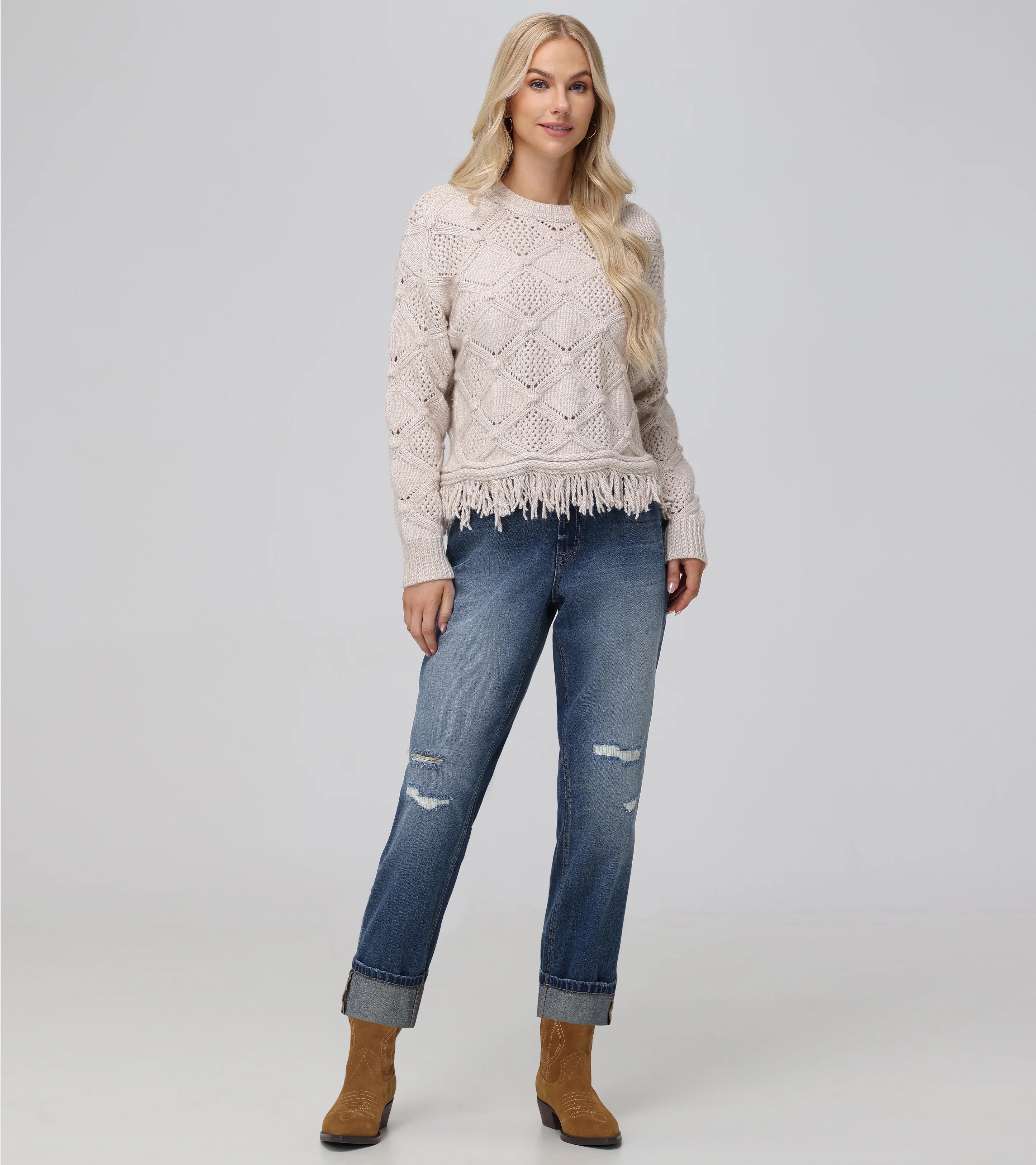 Pointelle Fringe Pullover