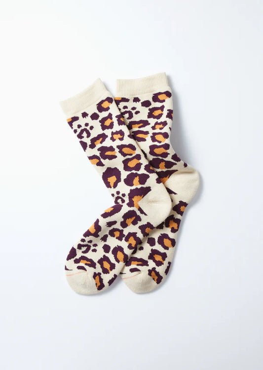 Pile Leopard Crew Socks / Bordeaux & Orange