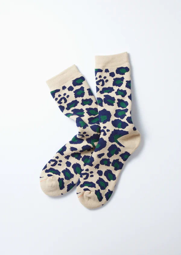 Pile Leopard Crew Socks / Navy & Green