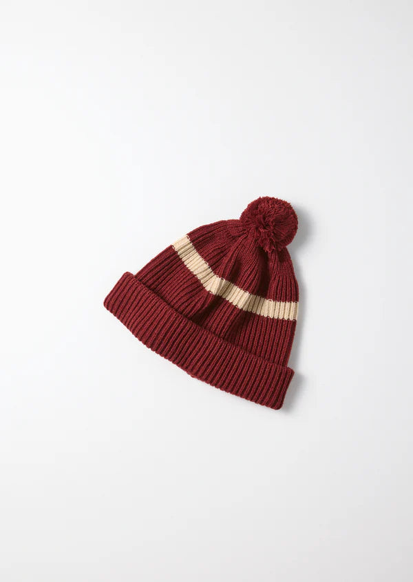 Stripe Pom-pom Beanie / Maroon