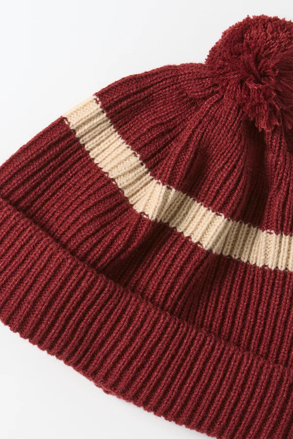 Stripe Pom-pom Beanie / Maroon