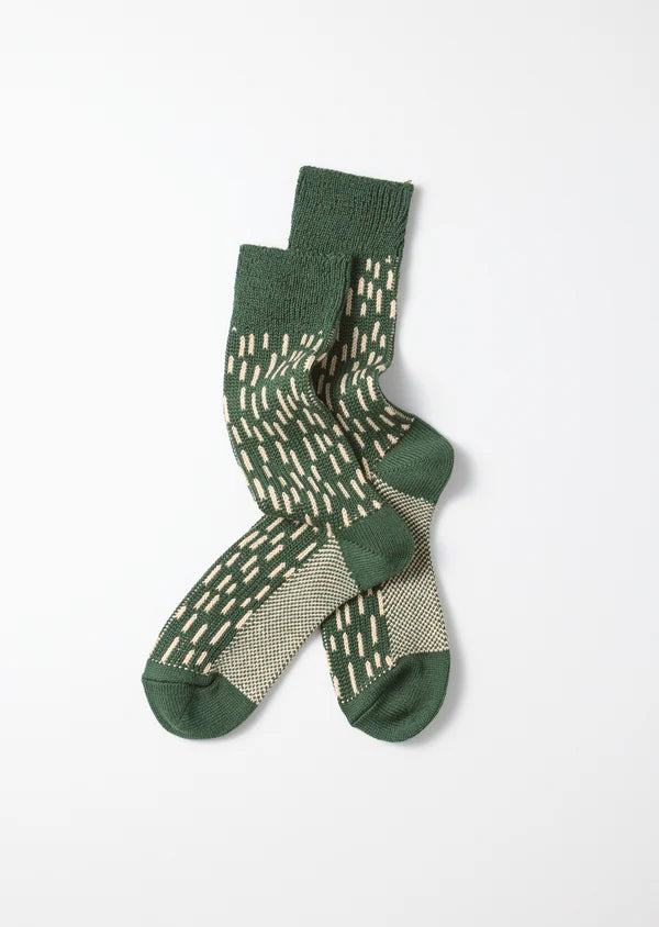 Rain Drop Crew Socks / Green & Ivory