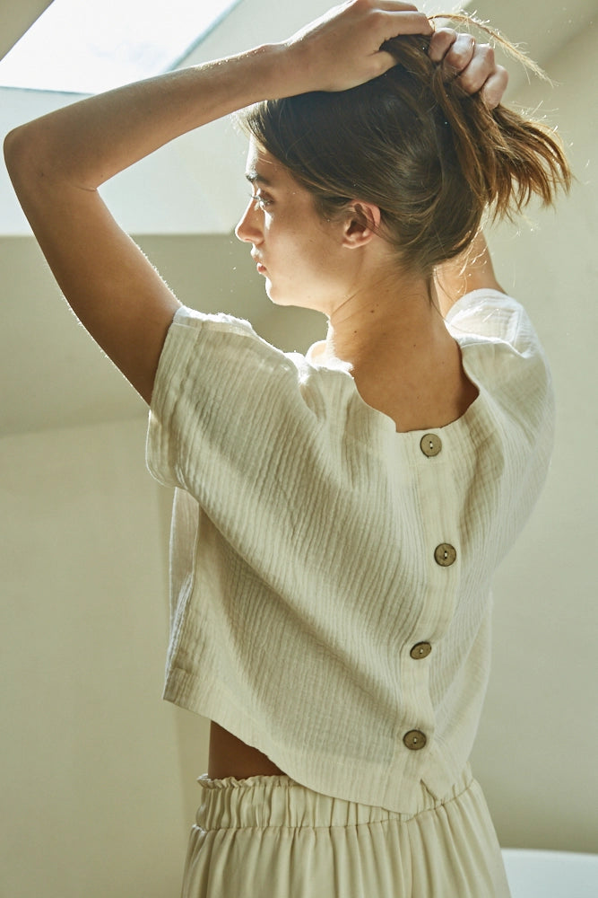 Woven Gauze Back-Button Crop Top