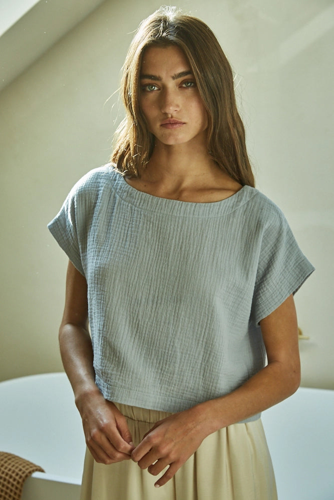 Woven Gauze Back-Button Crop Top