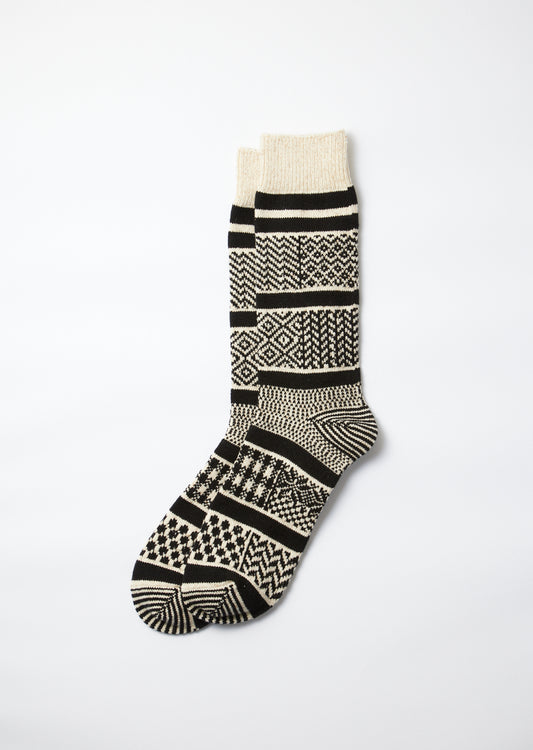 Multi Jacquard Crew Socks / Ivory & Black