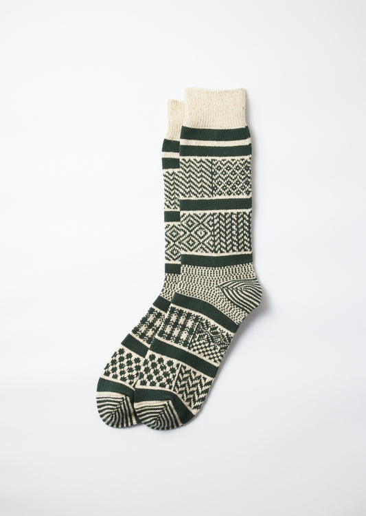 Multi Jacquard Crew Socks / Ivory & Dark Green