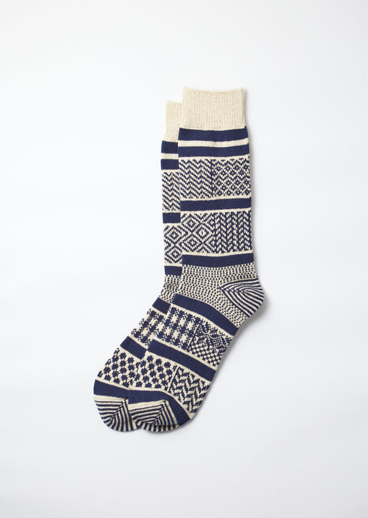 Multi Jacquard Crew Socks / Ivory & Navy