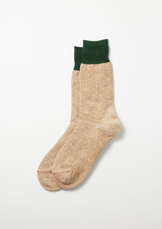 Double Face Crew Socks Silk & Cotton / Dark Green & Beige