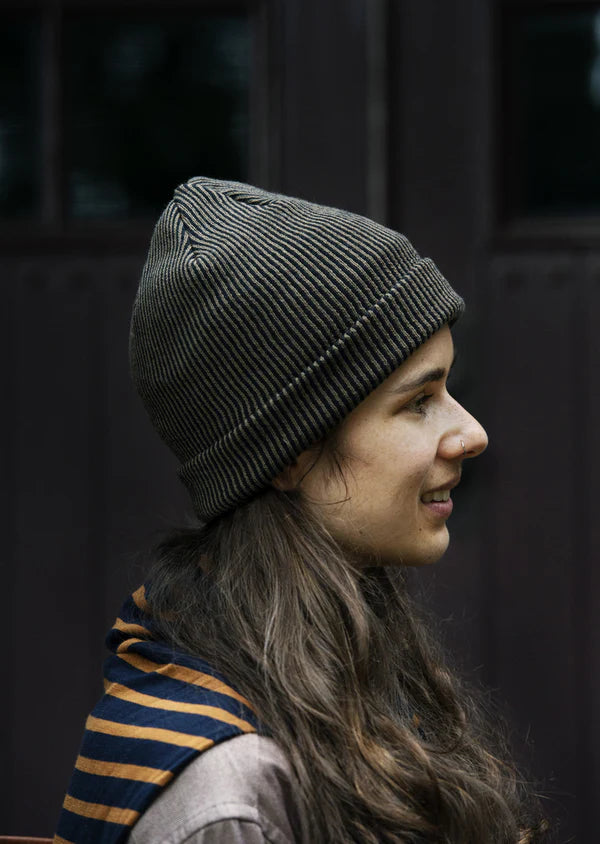 Super Soft 2-Way Beanie "Stripe" / Khaki & Black