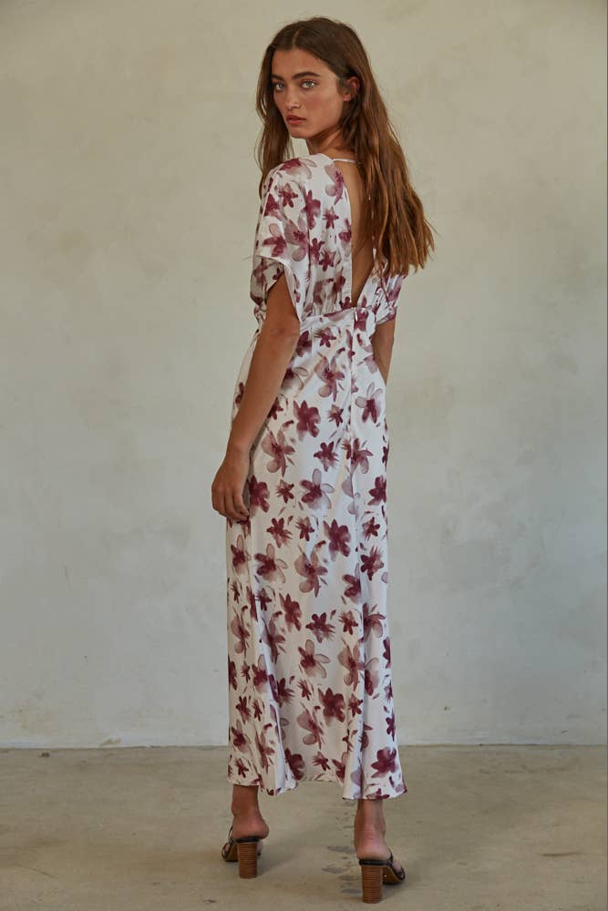 Satin Floral Print Midi Dress