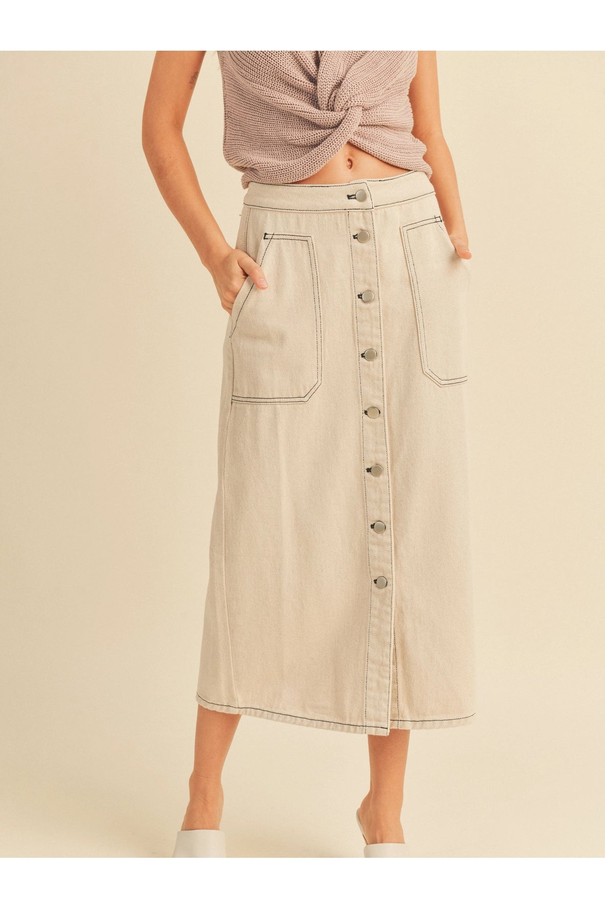 Cotton Denim Button Down Skirt