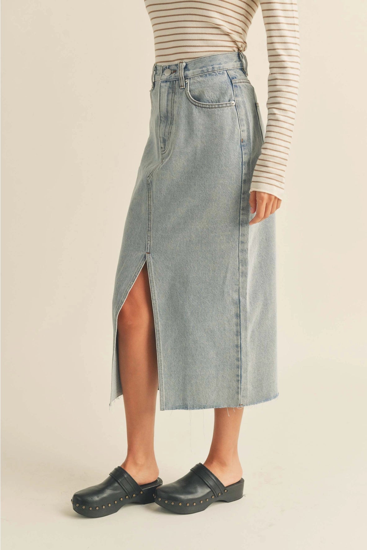 Washed Denim Midi Skirt