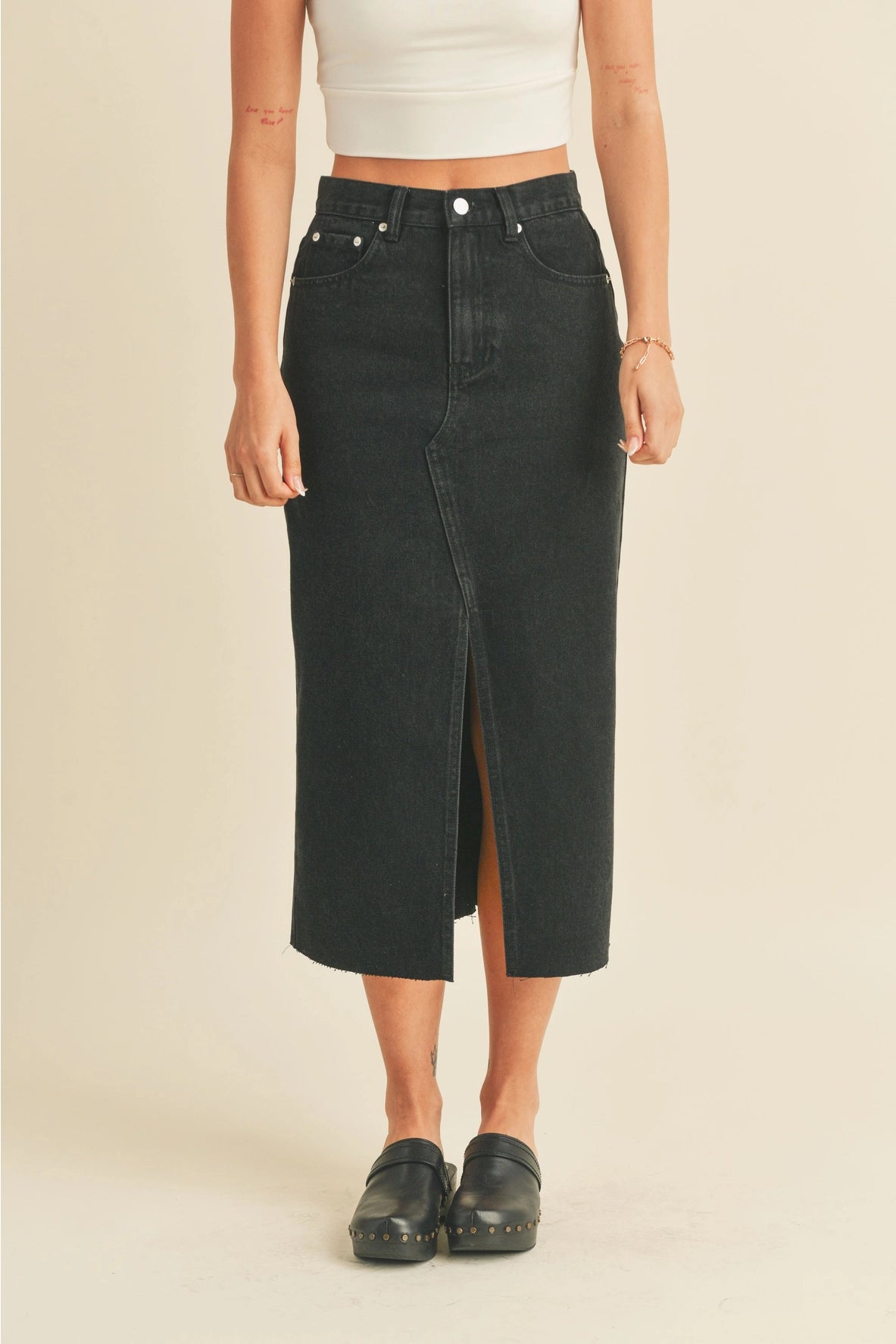 Washed Denim Midi Skirt