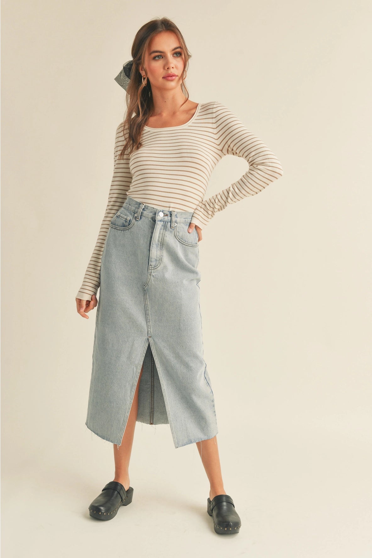 Washed Denim Midi Skirt