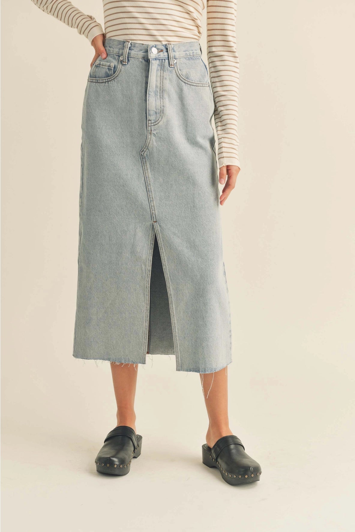 Washed Denim Midi Skirt