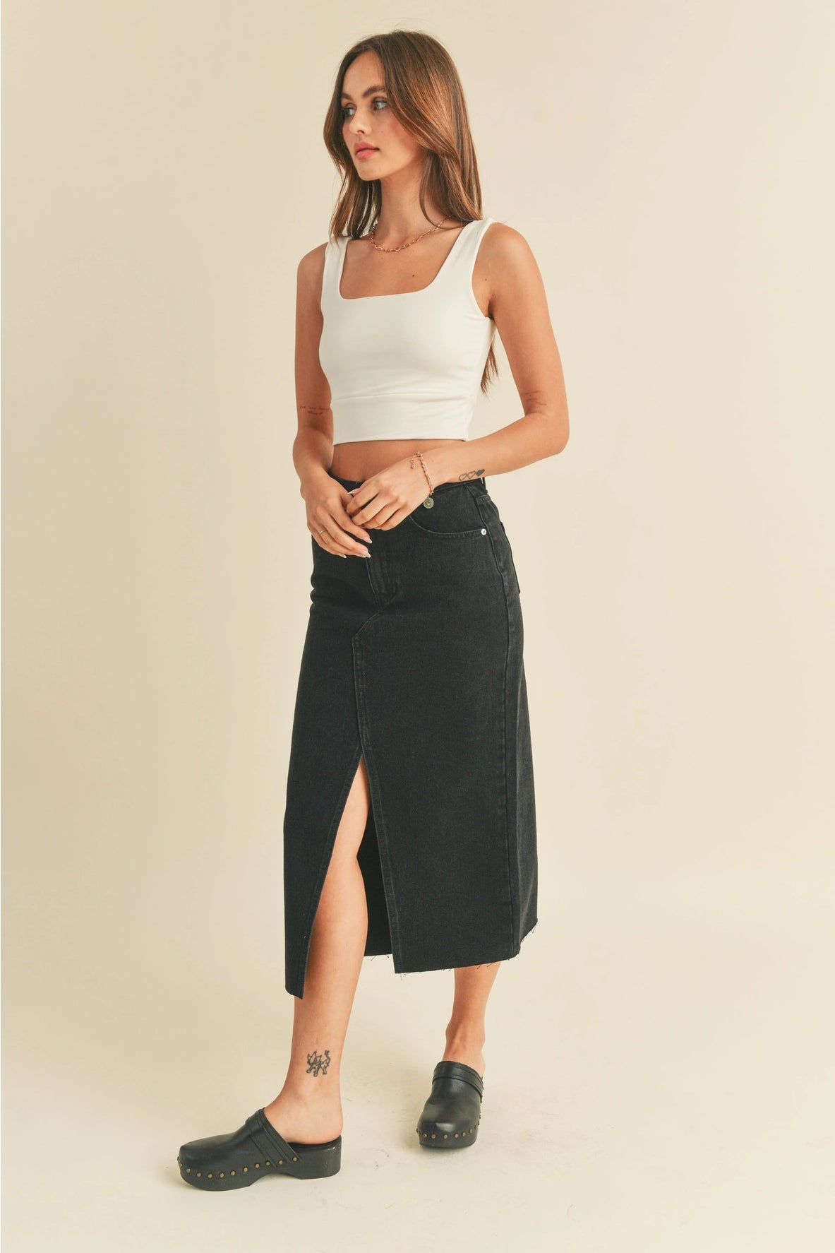 Washed Denim Midi Skirt