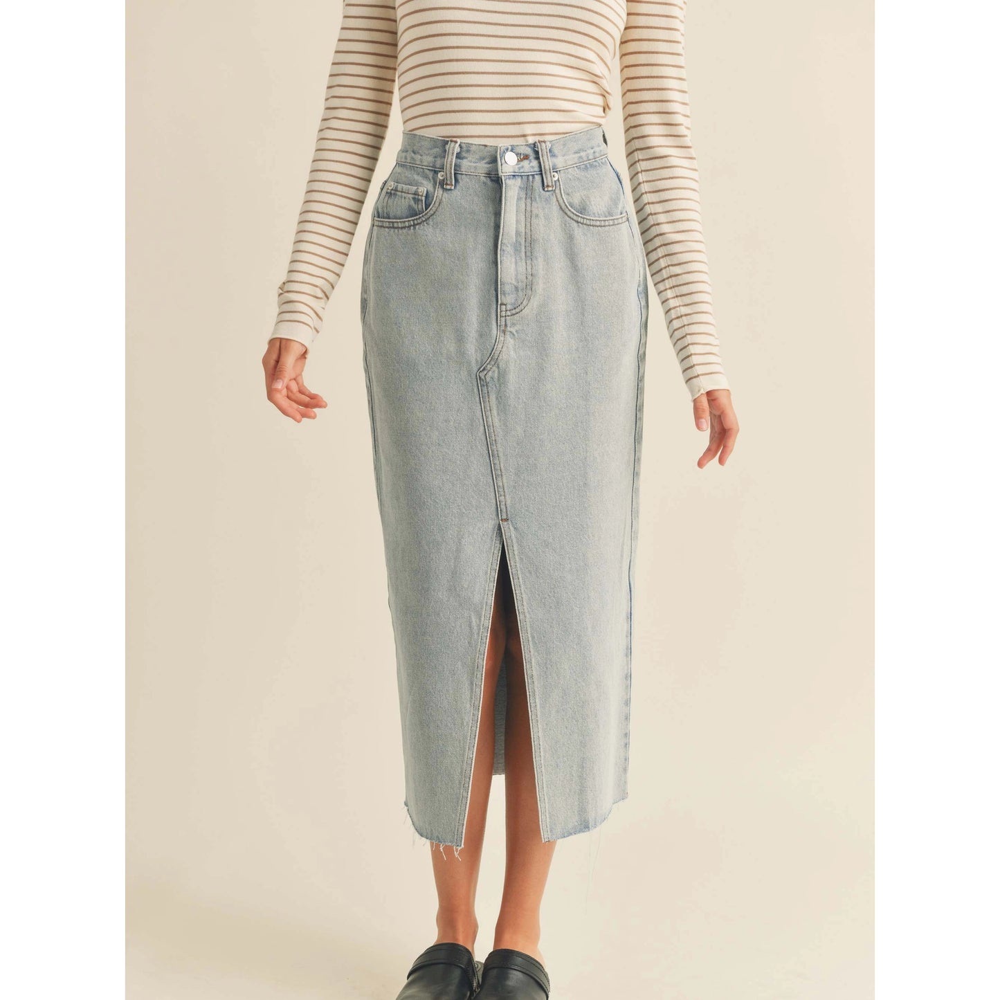 Washed Denim Midi Skirt