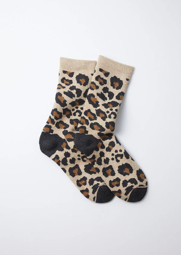 Pile Leopard Crew Socks / Beige