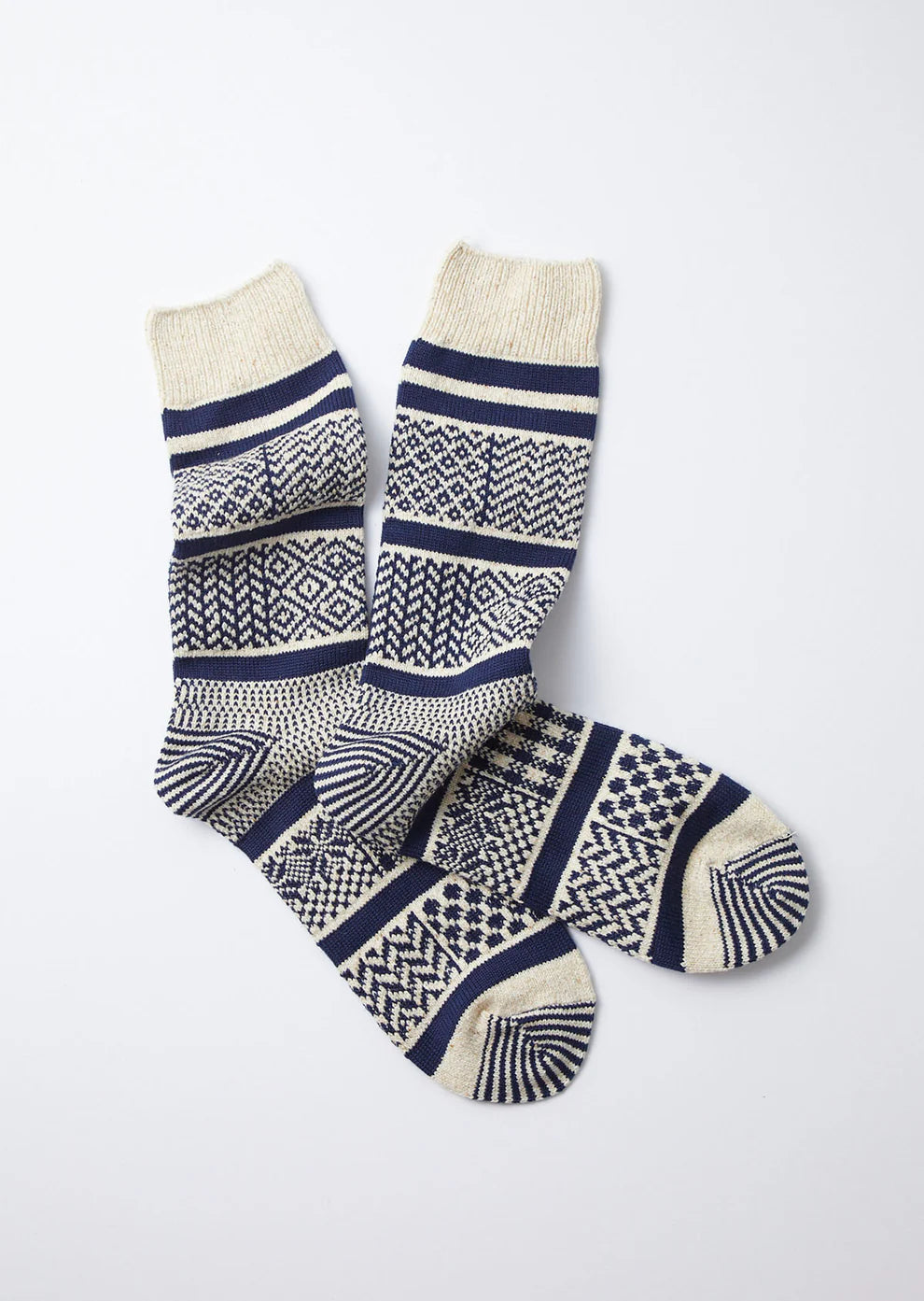 Multi Jacquard Crew Socks / Ivory & Navy