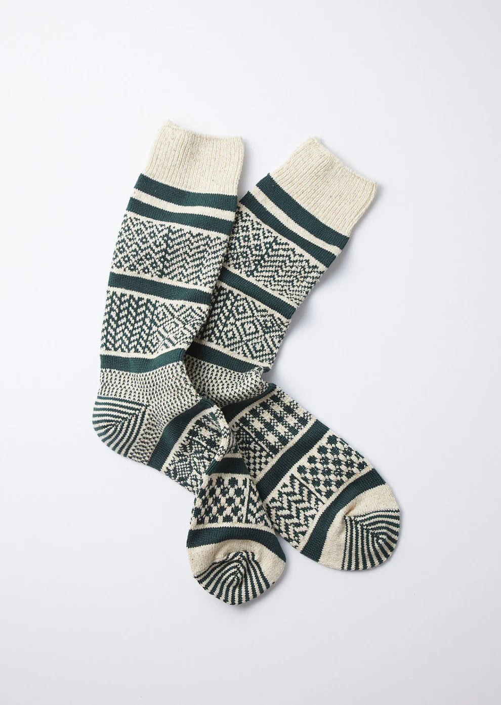 Multi Jacquard Crew Socks / Ivory & Dark Green